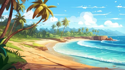 Vibrant chibistyle coastal art in digital painting, with vivid colors and stylized cartoony drawing.