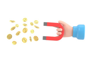 3d hand holding magnet attraction money coins. magnet for business investments earnings and financial savings, earning or making coin. Cashback and making money concept.3D rendering.