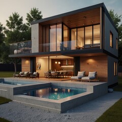 Modern home cross section, 3d rendering minimalist