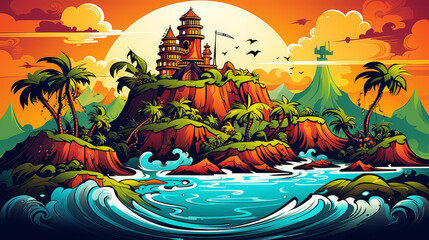 Vibrant island scene depicted in chibi style with cartoony drawings and vivid colors.