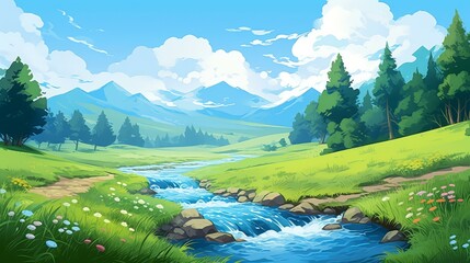 Fototapeta premium Playful chibistyle river illustration with vibrant colors and cartoony details in a stylized digital painting.