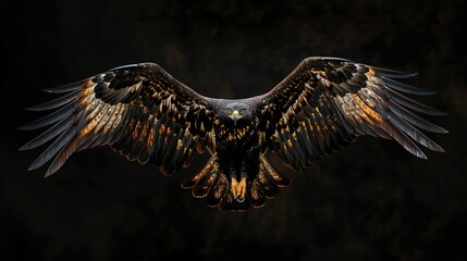 Magnificent Black Headed Sea Eagle in Flight with Fiery Gold Feathers Against Pitch Black Background, Evoking Power, Freedom, and Mystery