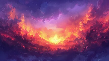 Naklejka premium Breathtaking sunset floods the sky with vivid, dramatic hues.