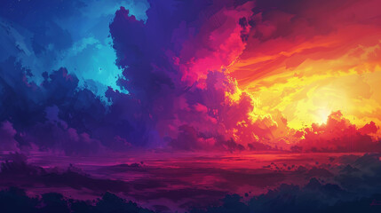 Naklejka premium Breathtaking sunset floods the sky with vivid, dramatic hues.