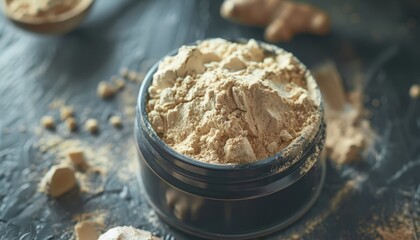 Fototapeta premium Container holding ginger powder on table