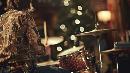 Naklejka premium A drum kit decorated with cowhide patterns and a cactusshaped maraca contribute to the Western theme as the drummer keeps the beat for the recording session.