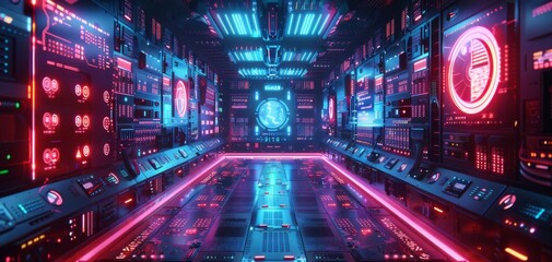 Futuristic neon-lit control room with advanced technology and vibrant colors, resembling a sci-fi environment.