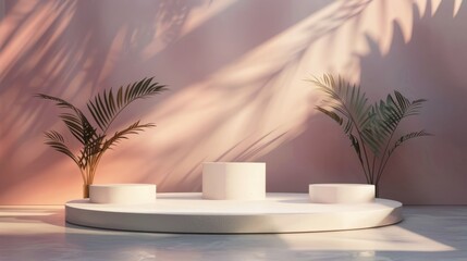 Obraz premium A modern podium for product design against the backdrop. Showcase for the presentation of products.