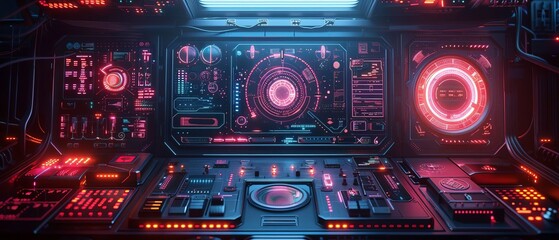 Obraz premium Futuristic spaceship control panel with neon lights and digital displays, showcasing advanced technology and a high-tech environment.