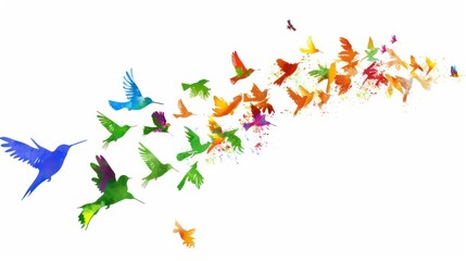 wallpaper with colorful  branches, leafs and birds on a white background