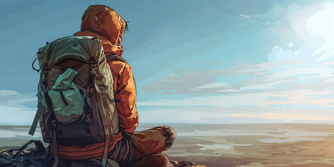 A lone traveler gazes out over an unfamiliar horizon, their backpack resting at their feet