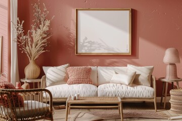 Cozy living room with mock up poster modular sofa wooden table flowers pillows armchair pink wall and personal items Home decor template