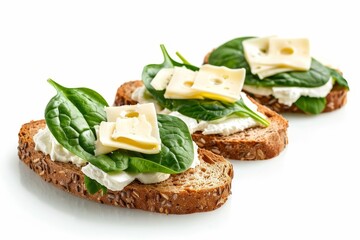 Cream cheese sliced cheese spinach on crispbread Bruschetta snack on white background