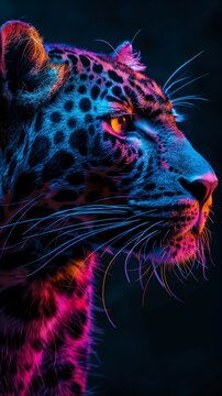 Striking Portrait of a Leopard Illuminated by Neon Lights, Showcasing Vibrant Colors and Dramatic Lighting. Perfect for Creative, Wildlife, and Digital Art Projects Highlighting Exotic Beauty