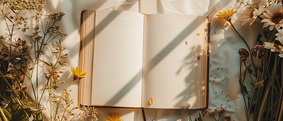 A book is open on a table with flowers and leaves