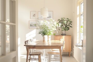 Elegant Scandinavian dining room with natural light and a floral centerpiece