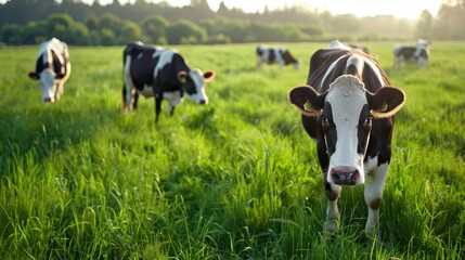 Cows graze naturally in a green field in organic farming settings