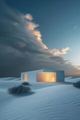 A small white house is on a snowy hill