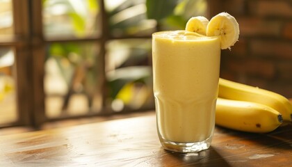 Delicious banana smoothie sits on table