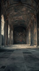 An empty throne room, its walls adorned with ancient tapestries depicting battles of yore. The air is heavy with the scent of age and neglect, yet there is a haunting beauty to the silent chamber. 