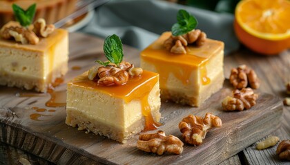 Delicious caramel cheesecake with walnuts and orange presented on a wooden table