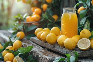 Lemonade with ice in a pitcher and glass on a wooden table with fruit and crushed ice