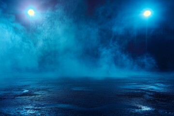 Desolate street at night with blue background neon lights spotlights studio room with smoke