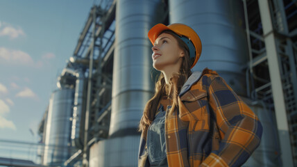 Fototapeta premium A female mechanic in an orange construction helmet and a yellow plaid shirt stands in front of a large industrial building. A happy engineer
