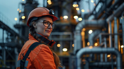 A happy woman in an orange jacket, hard hat and safety glasses stands in front of a large industrial enterprise. Petrochemical processing plant