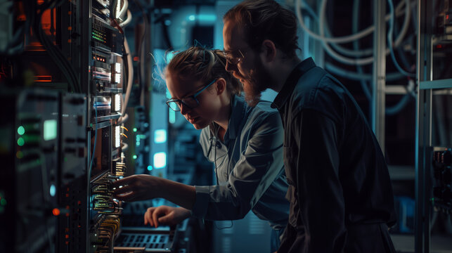 The central database. Data specialists in the repair of equipment. Two people work in the server room