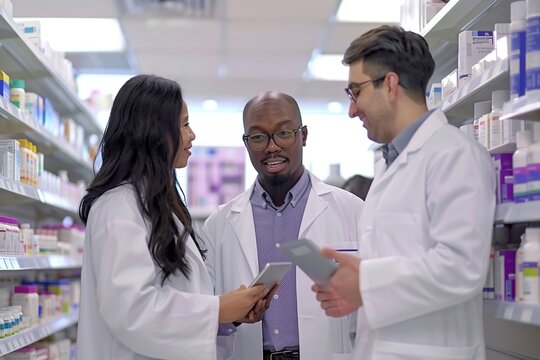 Diverse male and female pharmacists using digital tablet and talking about medicine, drugs, vitamins, supplements, vaccine and health care products at pharmacy drugstore - Powered by Adobe