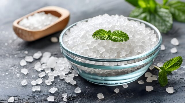 Glass bowl with white peppermint bath salts, foot soak, herbal medicine concept, aromatherapy, skin care
