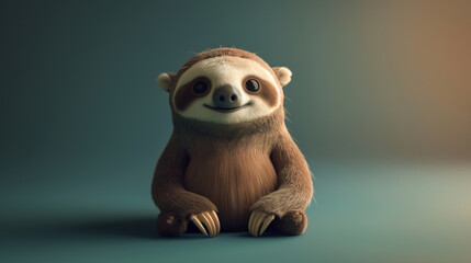 Naklejka premium Adorable and detailed 3D model of a sloth sitting with a smile, presented against a teal background.