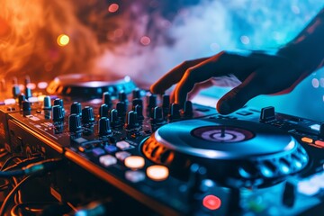 DJ spinning mixing and scratching in a nightclub hands tweaking track controls strobe lights and fog selective focus