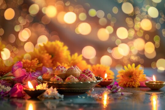 Diwali Greeting Card with sweets fire crackers Diya and flowers focus on selected items