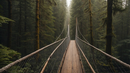 wooden suspension bridge with metal handrail between the green forest 