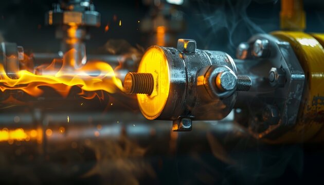Double exposed image of a burning gas burner with an open yellow valve on a gas pipe showcasing the use of natural gas