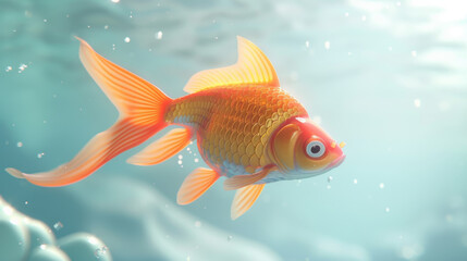 Fototapeta premium A vibrant orange goldfish swimming gracefully in clear water, with light reflections enhancing its lively appearance.
