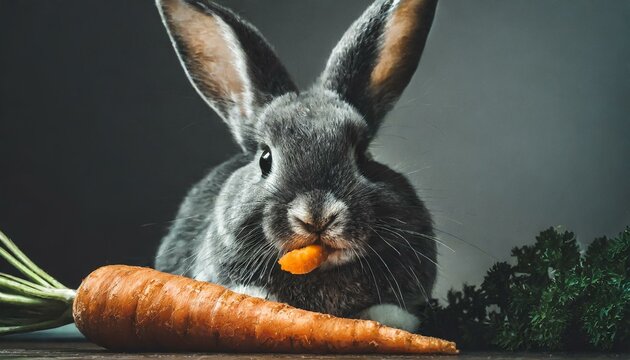 gray rabbit eating a carrot