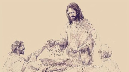 Loaves and Fishes Multiplying as Jesus Feeds 5,000, Crowd Watching, Biblical Illustration, Beige Background, Copyspace