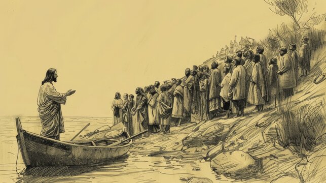 Teaching Crowds from Peter&rsquo;s Boat, Jesus, Shoreline, Biblical Illustration, Beige Background, Copyspace