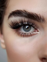 Fototapeta premium Captivating Volume Lash Extensions Accentuating a Striking Gaze on a Flawless Complexion against a Clean,Elegant Background