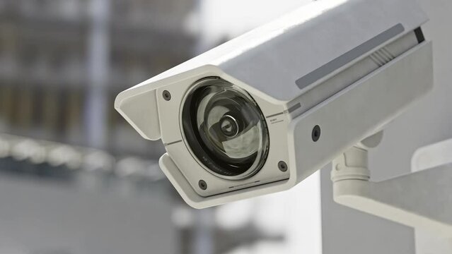 Close-up CCTV camera installed on wall of the building. Scan the area for surveillance purposes. Can be used background in security work. Animation, 3D Render.