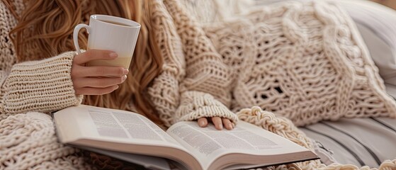A woman is reading a book while holding a cup of coffee