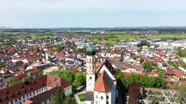 Aerial view of the historic old town of Marktoberdorf with a view of the castle and the parish church of St Martin. Marktoberdorf, Ostallgaeu, Swabia, Bavaria, Germany, Europe