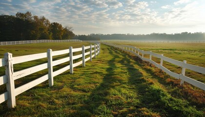 Obraz premium Horse farm with white fenced field