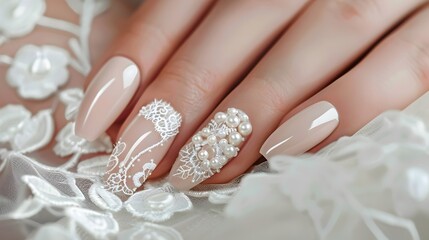 Elegant Bridal Nails with Delicate Lace and Pearl Accents on Clean Background