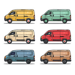 Six delivery vans cartoon colorful side view isolated white. Collection various colored delivery, vehicles flat design. Different shades cargo vans illustration