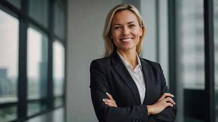 happy smiling business woman wearing professional clothing and standing with crossed arms