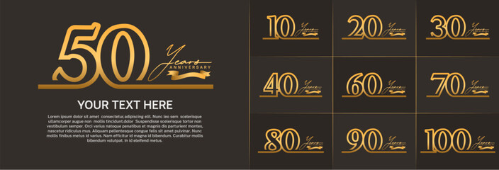 anniversary logotype set vector, golden line color for special day celebration